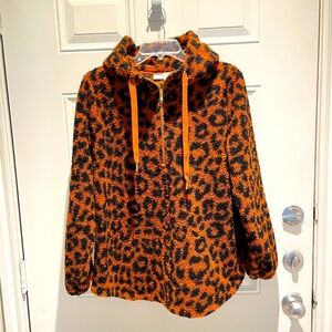 LOFT Half-Zip Sherpa Hoodie Pullover Medium, Fuzzy Leopard Animal Print Orange
